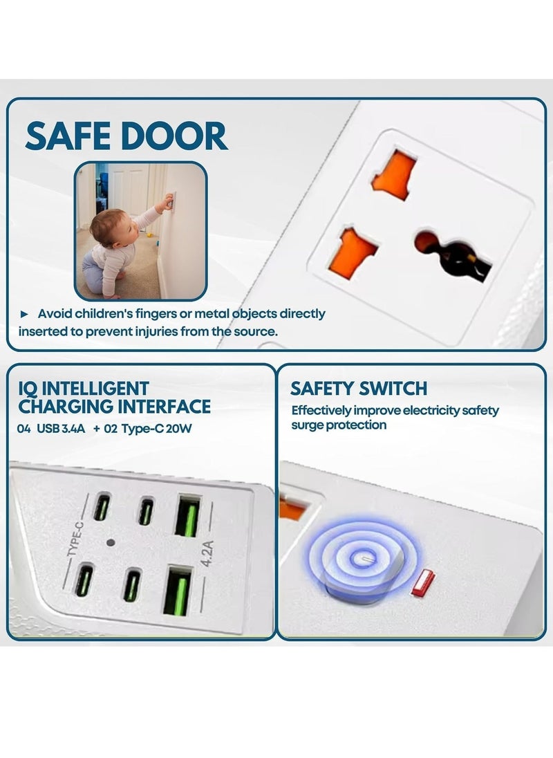 JAJEEK 2M Extension Cord with 3 Sockets, 4 USB Ports & 2 Type-C Ports – UK Plug 3 Pin Power Extension Lead for Home, Kitchen & Office (White) - Image 3