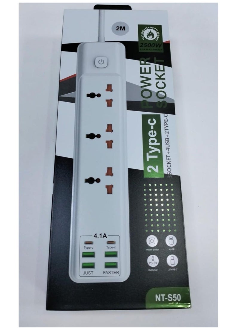 JAJEEK 2M Extension Cord with 3 Sockets, 4 USB Ports & 2 Type-C Ports – UK Plug 3 Pin Power Extension Lead for Home, Kitchen & Office (White) - Image 5