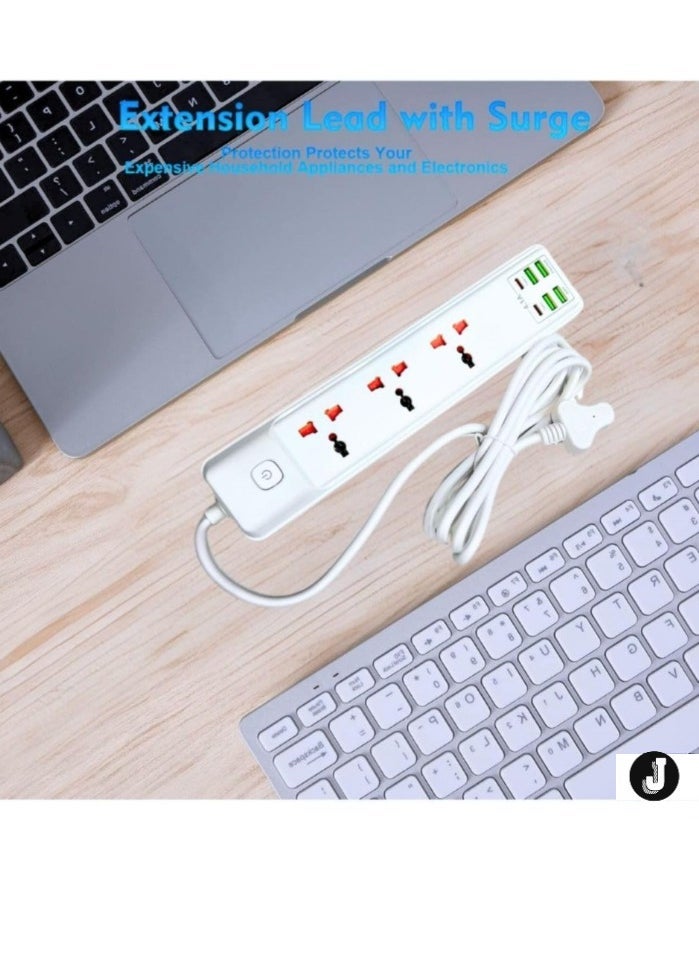 JAJEEK 2M Extension Cord with 3 Sockets, 4 USB Ports & 2 Type-C Ports – UK Plug 3 Pin Power Extension Lead for Home, Kitchen & Office (White) - Image 2