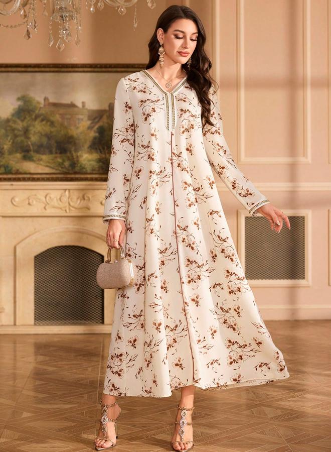 Take Two Floral Print V-Neck Long Sleeve Maxi Jalabiya - Image 1