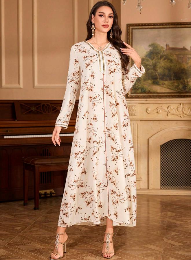 Take Two Floral Print V-Neck Long Sleeve Maxi Jalabiya - Image 4
