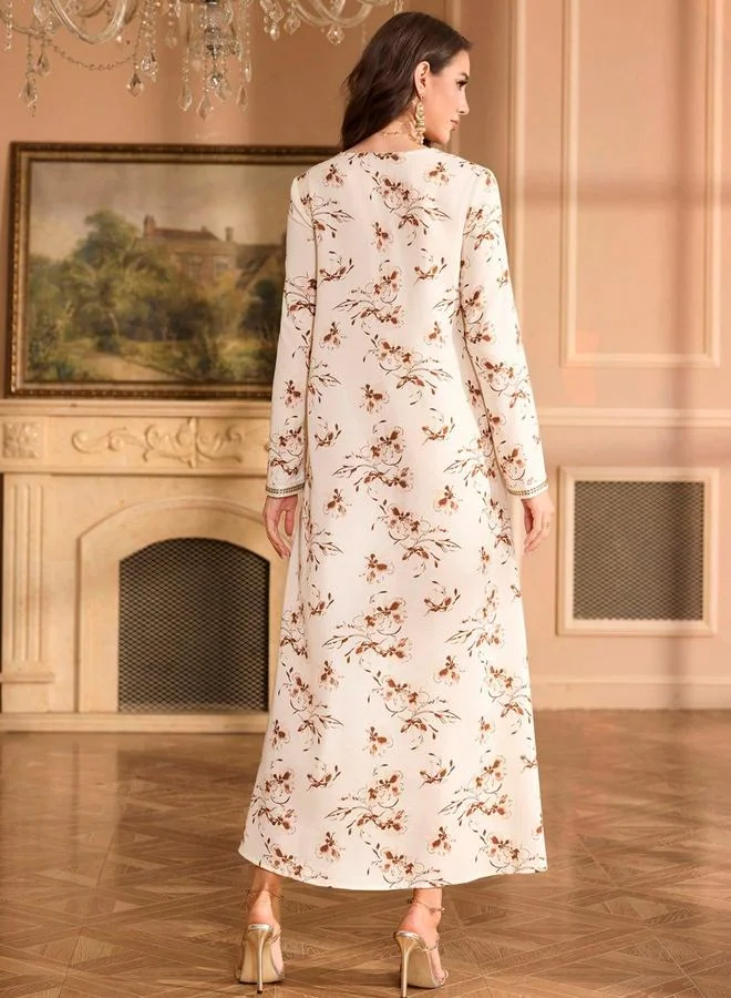 Take Two Floral Print V-Neck Long Sleeve Maxi Jalabiya