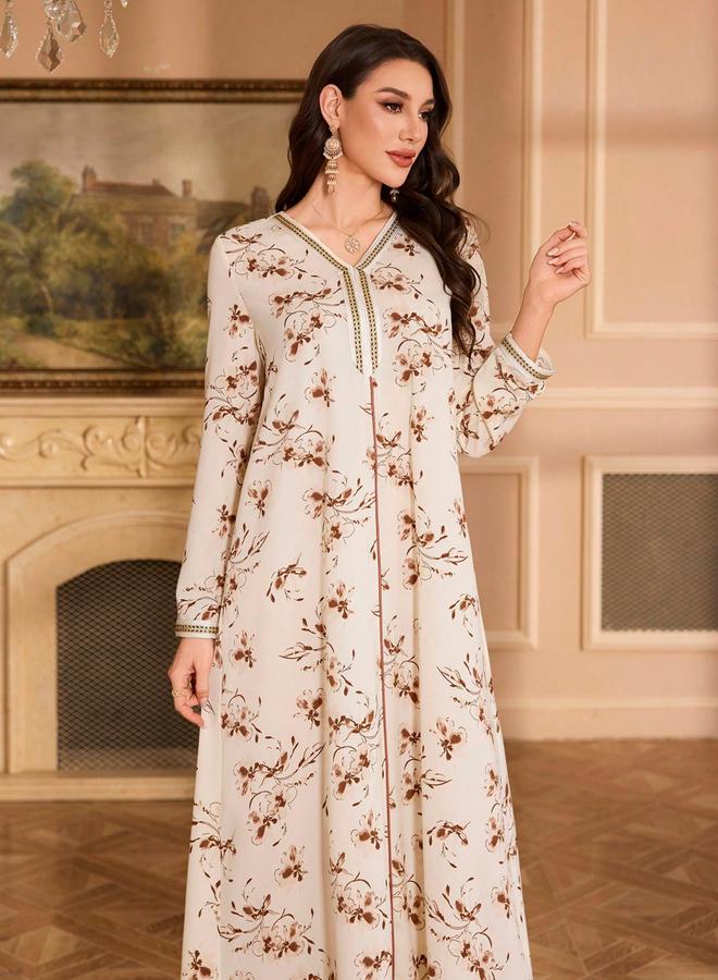 Take Two Floral Print V-Neck Long Sleeve Maxi Jalabiya - Image 3