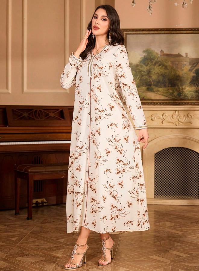 Take Two Floral Print V-Neck Long Sleeve Maxi Jalabiya - Image 5