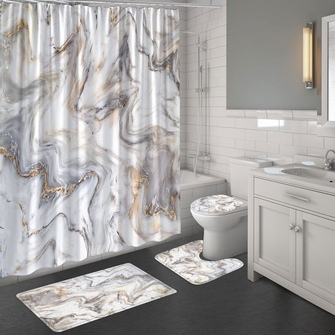 MARBLE BATHROOM SETS WITH SHOWER CURTAIN AND RUGS AND ACCESSORIES ABSTRACT GREY GOLD WHITE MODERN GRAY BATHROOM DECOR SET