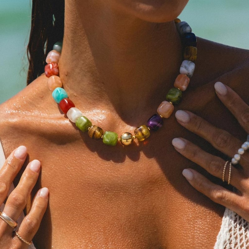 INNERDIVA Chunky Beaded Necklace for Women Big Large Colorful Bead Choker Necklaces Trendy Summer Beach Beachy Womens Statement Charm Jewelry Boho Rainbow Resin Gemstone Necklace Prom Accessories Gift - Image 2