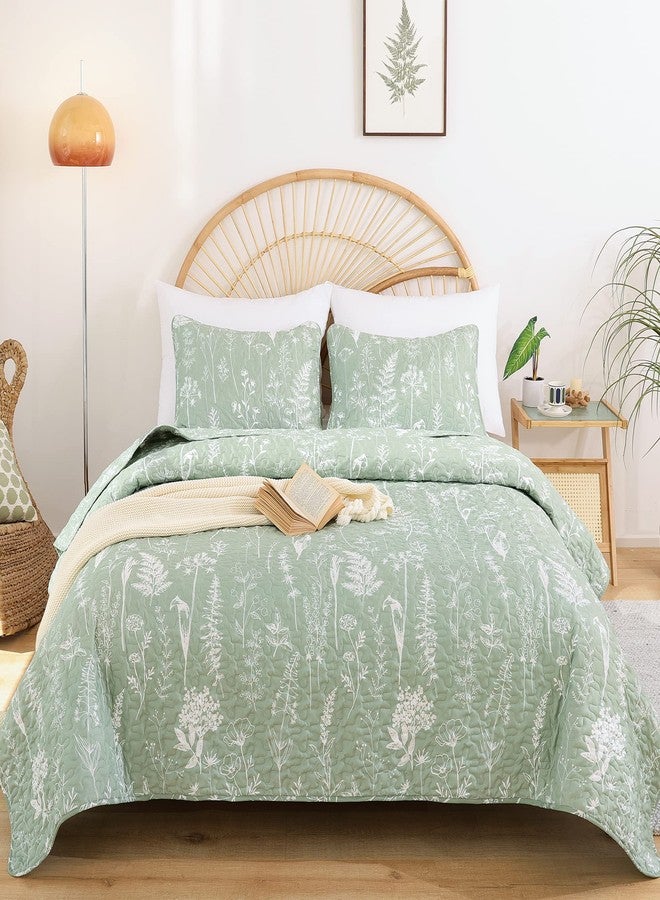 JANZAA Quilts Queen Size Sage Green Quilt Botanical with Floral Pattern Microfiber Bedspreads Queen Size 3 Pieces Lightweight Comforter Reversible Bedding Set with 2 Pillow Cases - Image 5
