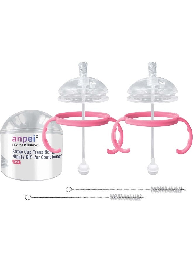 Anpei Straw Sippy Cup Transitional Nipple Kit Bundle Compatible with Comotomo Baby Bottles, 5 oz and 8 oz | Value Bundle 2 Kits + Brushes (Pink) - Image 1