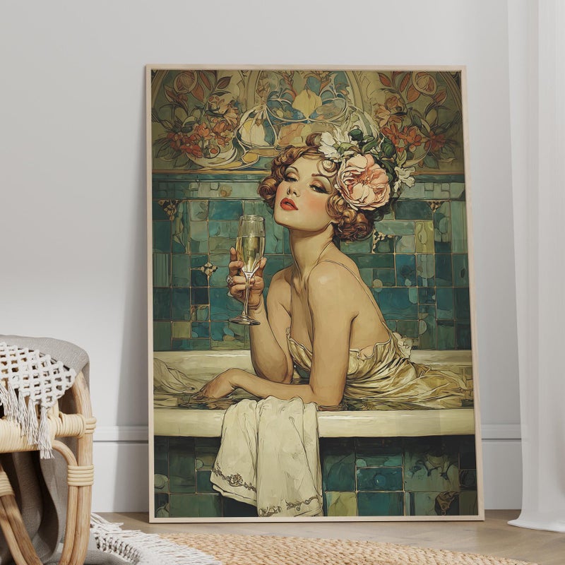 TNESSENTIAL Coquette Bathtub Art Poster or Canvas Print, Vintage Woman with Champagne, Art Deco Bathroom Wall Art, Elegant Woman in a Bathtub Art Print - Image 1