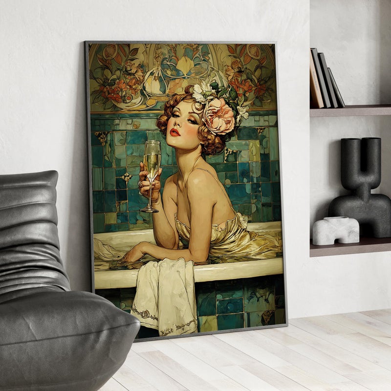 TNESSENTIAL Coquette Bathtub Art Poster or Canvas Print, Vintage Woman with Champagne, Art Deco Bathroom Wall Art, Elegant Woman in a Bathtub Art Print - Image 3