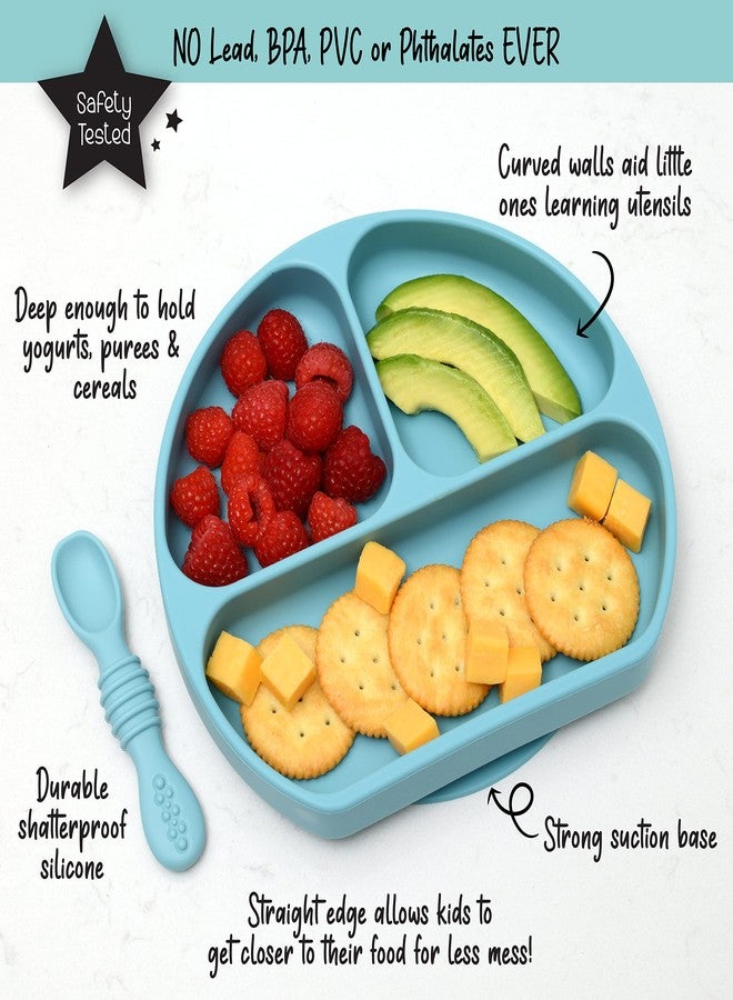 PrimaStella Unbreakable Silicone Non-Slip Baby & Toddler Plate and Spoon Feeding Set - Pacific Blue - Image 2