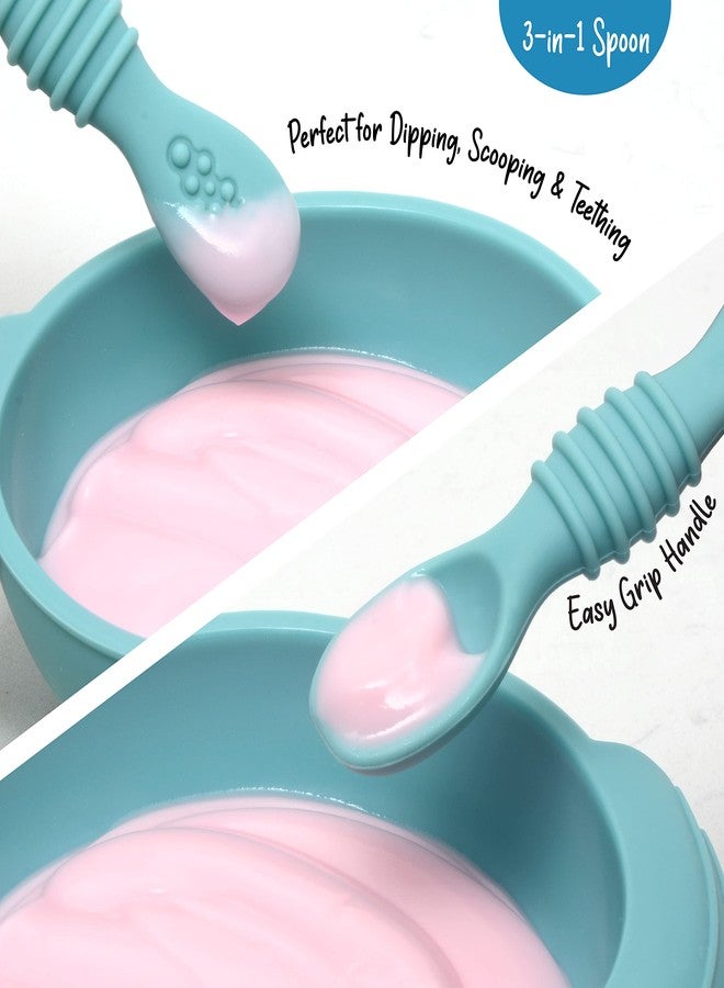 PrimaStella Unbreakable Silicone Non-Slip Baby & Toddler Plate and Spoon Feeding Set - Pacific Blue - Image 5