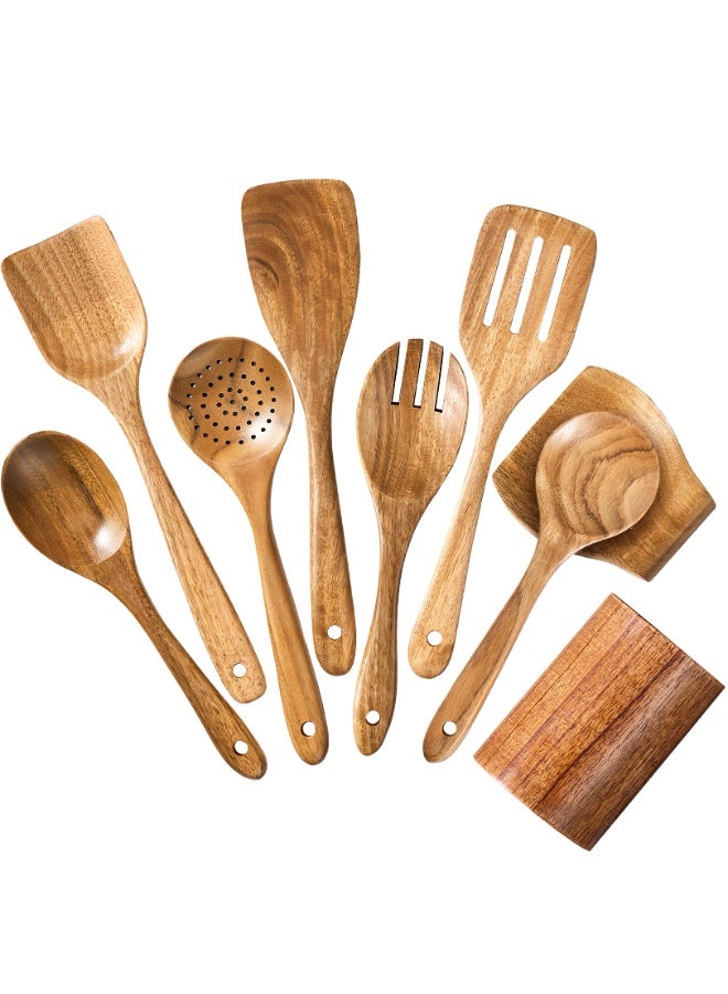 Bukela 9 Pieces Teak Wooden Spoons For Cooking – Premium & Durable Organic Teak Wooden Cooking Utensils – Non Stick Wooden Spatula For Cooking – Non Toxic Utensil Set With Holder & Spoon Rest - Image 1