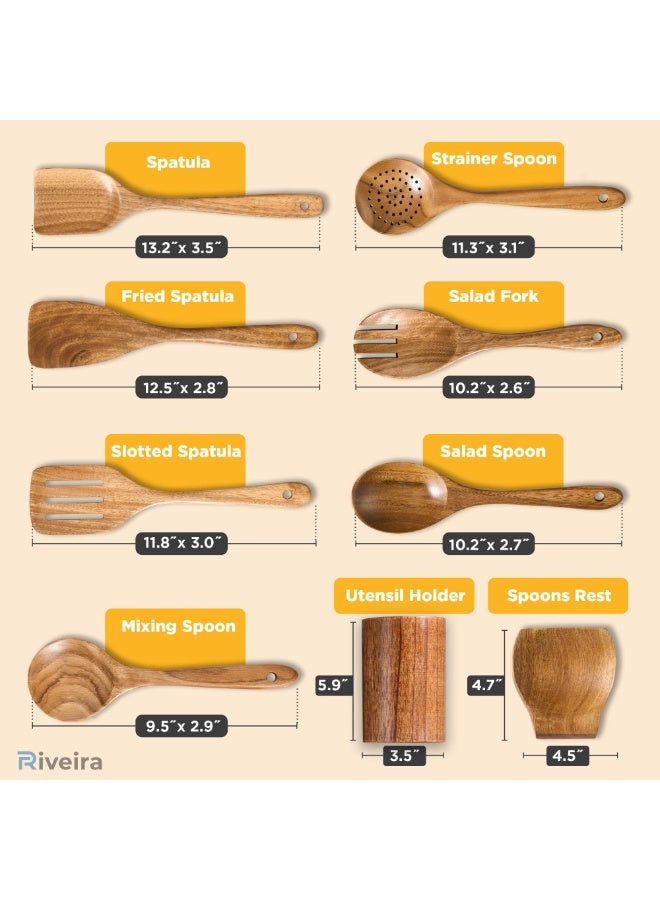 Bukela 9 Pieces Teak Wooden Spoons For Cooking – Premium & Durable Organic Teak Wooden Cooking Utensils – Non Stick Wooden Spatula For Cooking – Non Toxic Utensil Set With Holder & Spoon Rest - Image 3