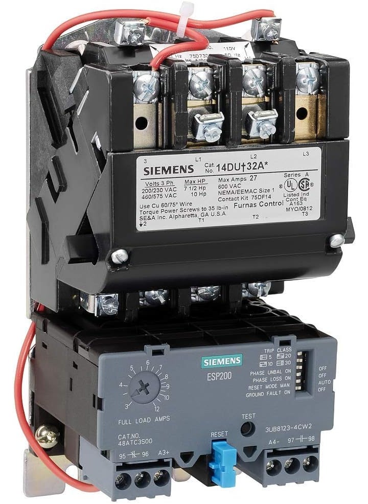 SIEMENS Siemens 14DUE32AA Heavy Duty Motor Starter Solid State Overload AutoManual Reset Open Type Standard Width Enclosure 3 Phase 3 Pole 1 NEMA Size 1040A Amp Range A1 Frame Size 110120220240 at 60Hz Coil Voltage  Black 