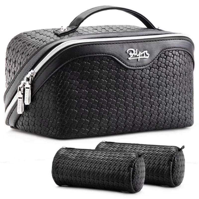 BOYATU Travel Makeup Bag Cosmetic Bags for Women: Large Capacity 3 Pcs Set Make up Bag with Compartments - Waterproof Vegan Leather Toiletry Organizer Bags with Handle (L15 Black) - Image 1