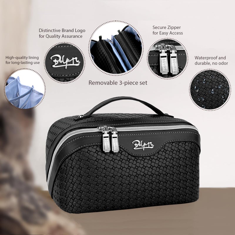 BOYATU Travel Makeup Bag Cosmetic Bags for Women: Large Capacity 3 Pcs Set Make up Bag with Compartments - Waterproof Vegan Leather Toiletry Organizer Bags with Handle (L15 Black) - Image 2