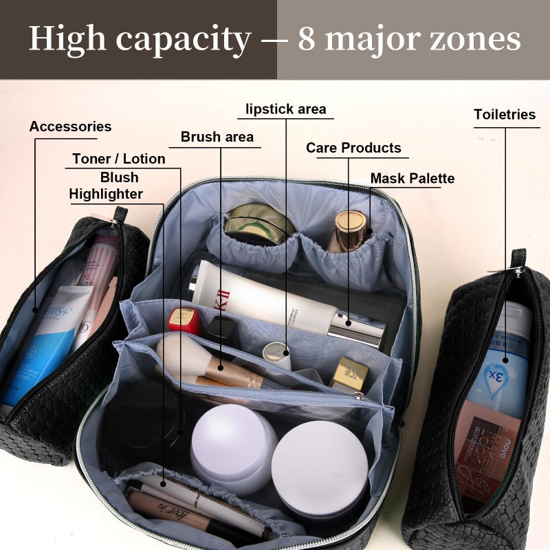 BOYATU Travel Makeup Bag Cosmetic Bags for Women: Large Capacity 3 Pcs Set Make up Bag with Compartments - Waterproof Vegan Leather Toiletry Organizer Bags with Handle (L15 Black) - Image 3