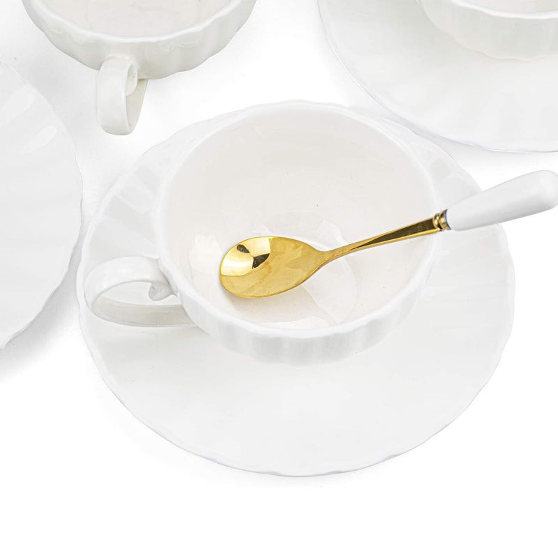 Yesland Set of 6 Royal Tea Cups and Saucers with Gold Trim, 8 Ounce White Porcelain Tea Set & British Coffee Cups, White Latte Cups and Espresso Mug for Specialty Coffee Drinks, Latte, Cafe Mocha, Tea - Image 2