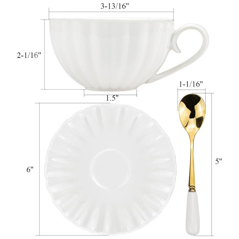 Yesland Set of 6 Royal Tea Cups and Saucers with Gold Trim, 8 Ounce White Porcelain Tea Set & British Coffee Cups, White Latte Cups and Espresso Mug for Specialty Coffee Drinks, Latte, Cafe Mocha, Tea - Image 3