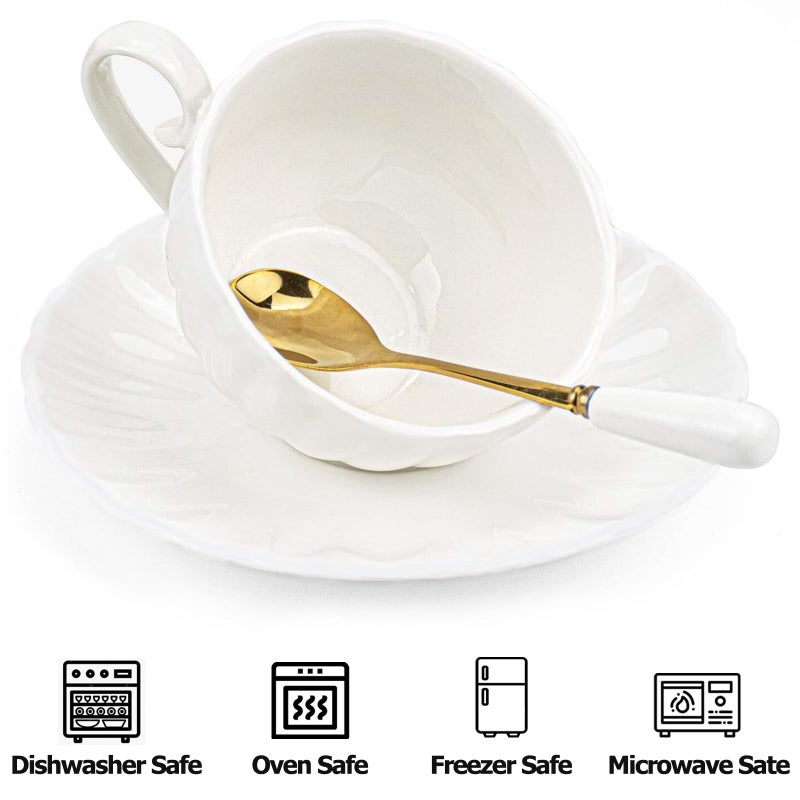 Yesland Set of 6 Royal Tea Cups and Saucers with Gold Trim, 8 Ounce White Porcelain Tea Set & British Coffee Cups, White Latte Cups and Espresso Mug for Specialty Coffee Drinks, Latte, Cafe Mocha, Tea - Image 4