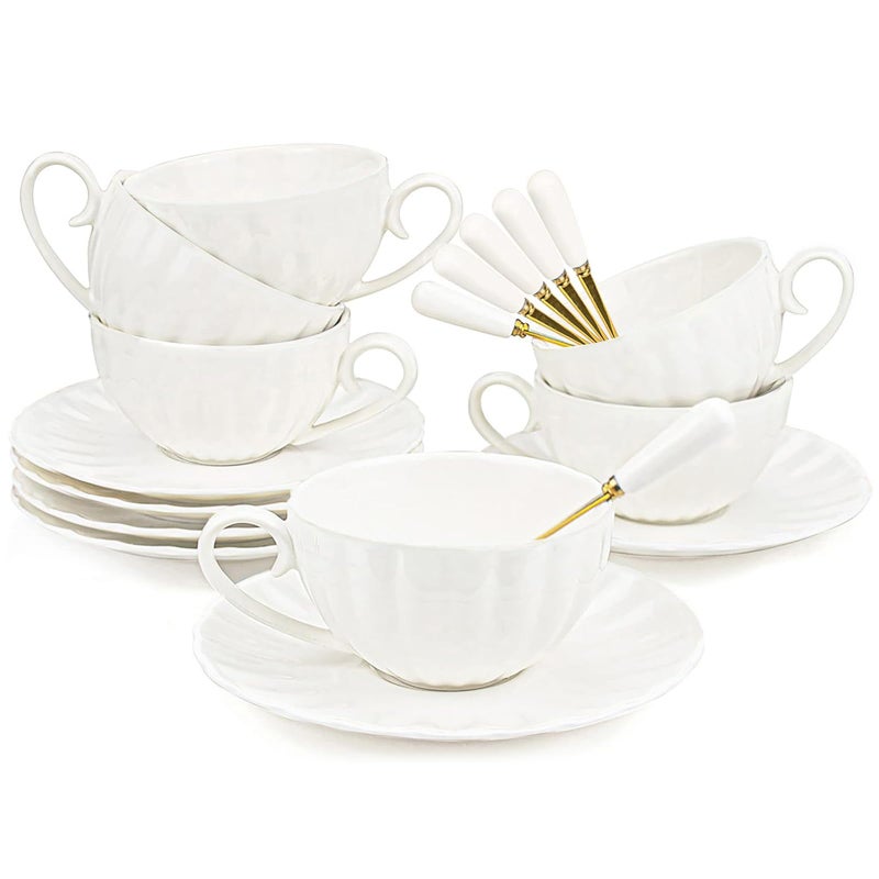Yesland Set of 6 Royal Tea Cups and Saucers with Gold Trim, 8 Ounce White Porcelain Tea Set & British Coffee Cups, White Latte Cups and Espresso Mug for Specialty Coffee Drinks, Latte, Cafe Mocha, Tea - Image 1
