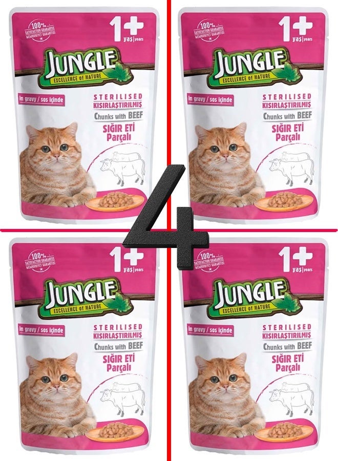 جانغل طعام قطط جانغل المعقم بلحم البقر في المرق. هذا المنتج مُصمم للقطط البالغة من عمر سنة فما فوق- 4 أكياس، حجم كل كيس 70 غرام - Image 1