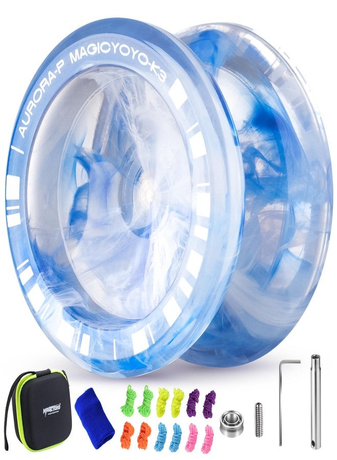 MAGICYOYO K3 Aurora-p Kids Pro Yoyo - Responsive Yoyo for Kids 8-12 | Unresponsive Yo-yo Bearing & Crystal Plastic Design with 12 Strings + Bag | Learn Tricks(Blue/White) - Image 1