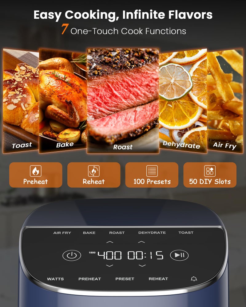 Nuwave Brio Plus Air Fryer 8 Qt, New & Improved, PFAS-FREE, 7 Digital One-Touch Cook Functions that AIR FRY, BAKE, ROAST, DEHYDRATE, TOAST, REHEAT, PREHEAT, 150 Presets, 50°F~400°F (Deep Blue) - Image 2