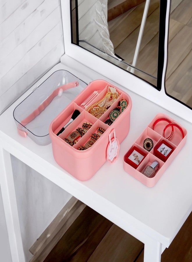 GNEY Cute Pink Jewelry Storage Organizer Box for Girls & Women | Multi-Compartment Plastic Vanity Case with Handle & Lock | Makeup & Accessories Holder with Tray [ Multi Colur ] - Image 5