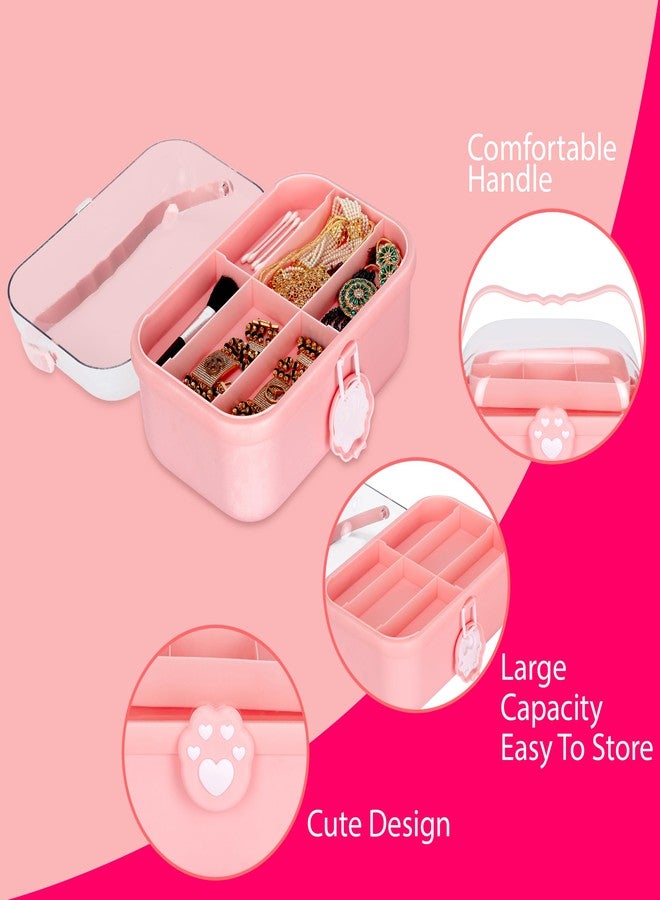 GNEY Cute Pink Jewelry Storage Organizer Box for Girls & Women | Multi-Compartment Plastic Vanity Case with Handle & Lock | Makeup & Accessories Holder with Tray [ Multi Colur ] - Image 4