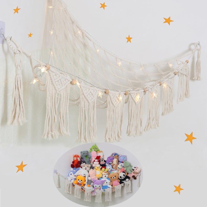 badigo Large Stuffed Animal Hammock or Net Macrame Boho Toy Hammock with LED Light Decorate Net for Stuffed Animals Corner Space Saving Hanging Stuff Animal Organizer Holder for Kids Bedroom Playroom - Image 2