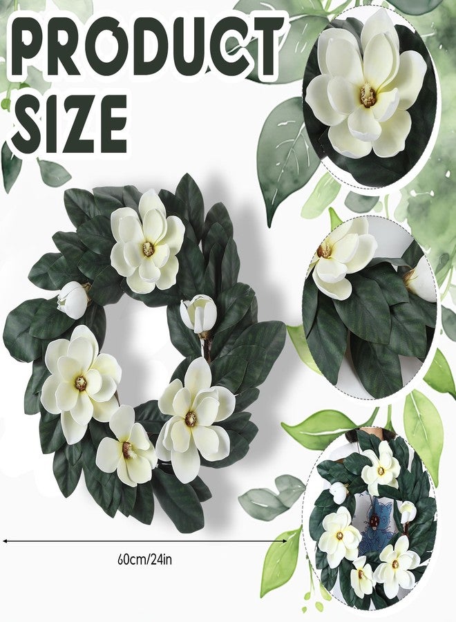 Daifunli 24 Inches Christmas Magnolia Wreath Artificial White Magnolia Christmas Decoration Farmhouse Greenery Wreath for Front Door Wall Home Window Holiday Outdoor Xmas Decor Entryway Patio Porch Garden - Image 3