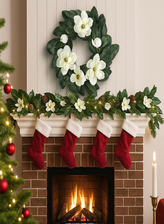 Daifunli 24 Inches Christmas Magnolia Wreath Artificial White Magnolia Christmas Decoration Farmhouse Greenery Wreath for Front Door Wall Home Window Holiday Outdoor Xmas Decor Entryway Patio Porch Garden - Image 4