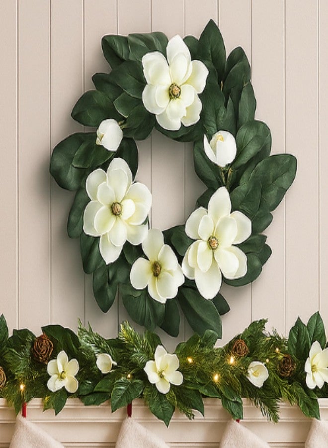 Daifunli 24 Inches Christmas Magnolia Wreath Artificial White Magnolia Christmas Decoration Farmhouse Greenery Wreath for Front Door Wall Home Window Holiday Outdoor Xmas Decor Entryway Patio Porch Garden - Image 1