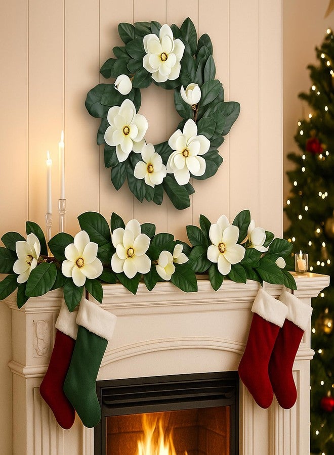 Daifunli 24 Inches Christmas Magnolia Wreath Artificial White Magnolia Christmas Decoration Farmhouse Greenery Wreath for Front Door Wall Home Window Holiday Outdoor Xmas Decor Entryway Patio Porch Garden - Image 2