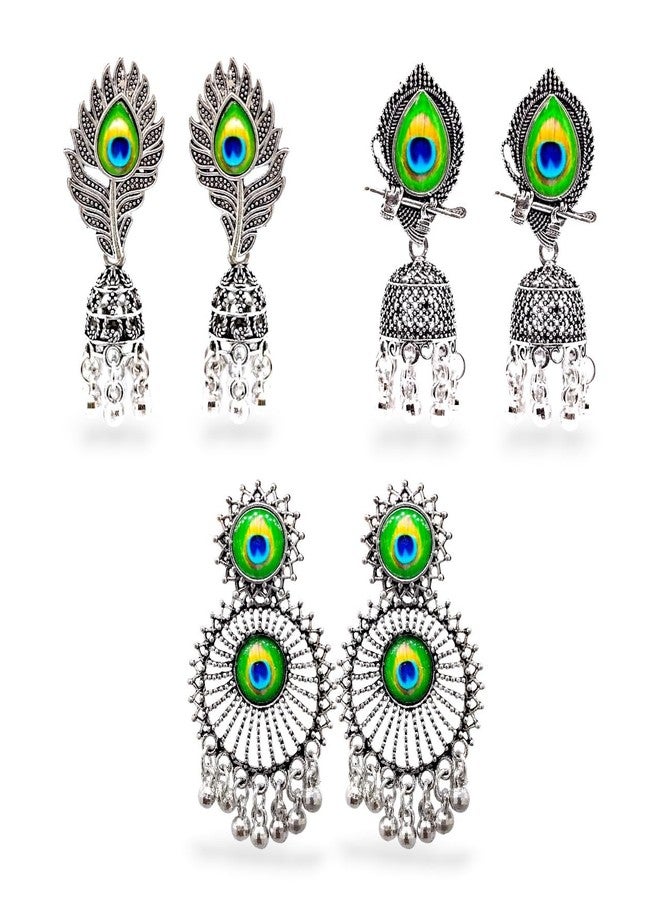 Elleva Traditional Peacock Earrings Jhumka for Women Stylish Oxidised Fashion Jewellery set Combo for Girls | Best Gift for Girlfriend Birthday Special, Set of 3 Pair (Pack of 1) - Image 1