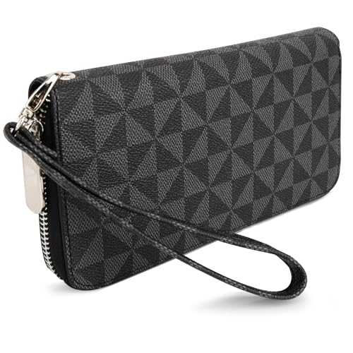 Veki Women's Wallet Double Zipper Pocket Wallets with Wrist Strap, Leather Credit Card Purse for Women Men (Monolayer-Black) - Image 1