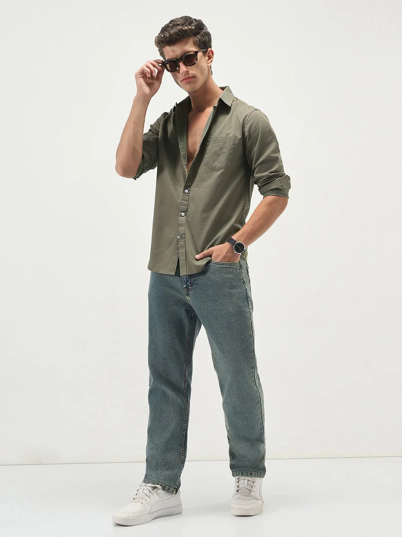 Urbano Fashion  Urbano Fashion Men's Olive Cotton Full Sleeve Regular Fit Casual Solid Slub Shirt with Spread Collar  | Best Price UAE