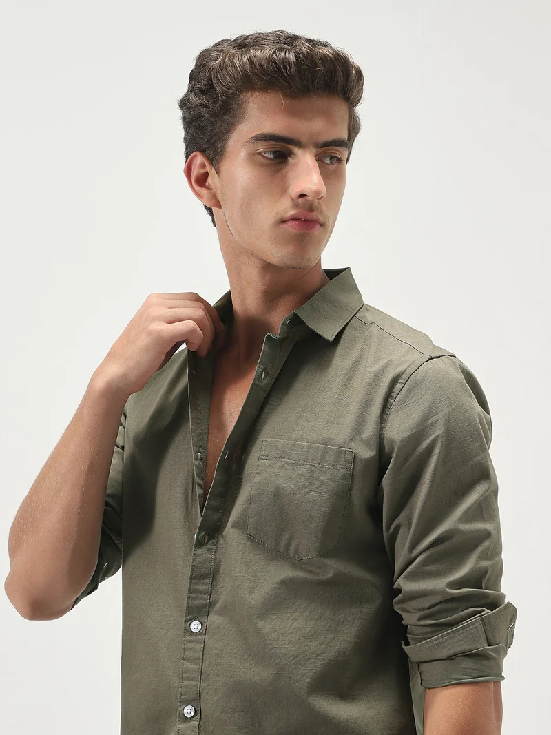 Urbano Fashion  Urbano Fashion Men's Olive Cotton Full Sleeve Regular Fit Casual Solid Slub Shirt with Spread Collar  | Best Price UAE