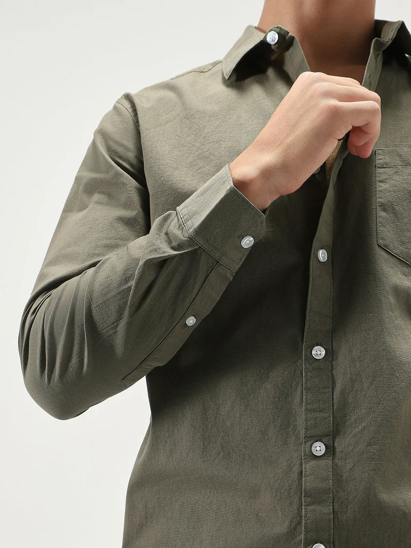 Urbano Fashion  Urbano Fashion Men's Olive Cotton Full Sleeve Regular Fit Casual Solid Slub Shirt with Spread Collar  | Best Price UAE
