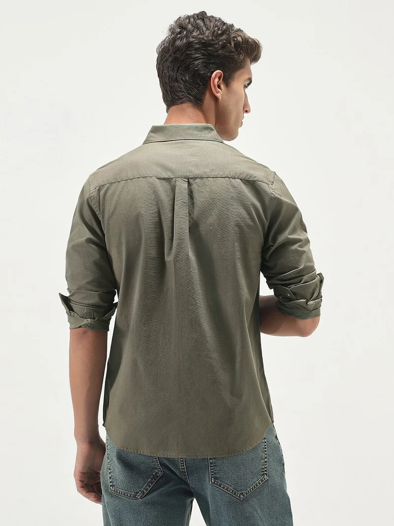 Urbano Fashion  Urbano Fashion Men's Olive Cotton Full Sleeve Regular Fit Casual Solid Slub Shirt with Spread Collar  | Best Price UAE