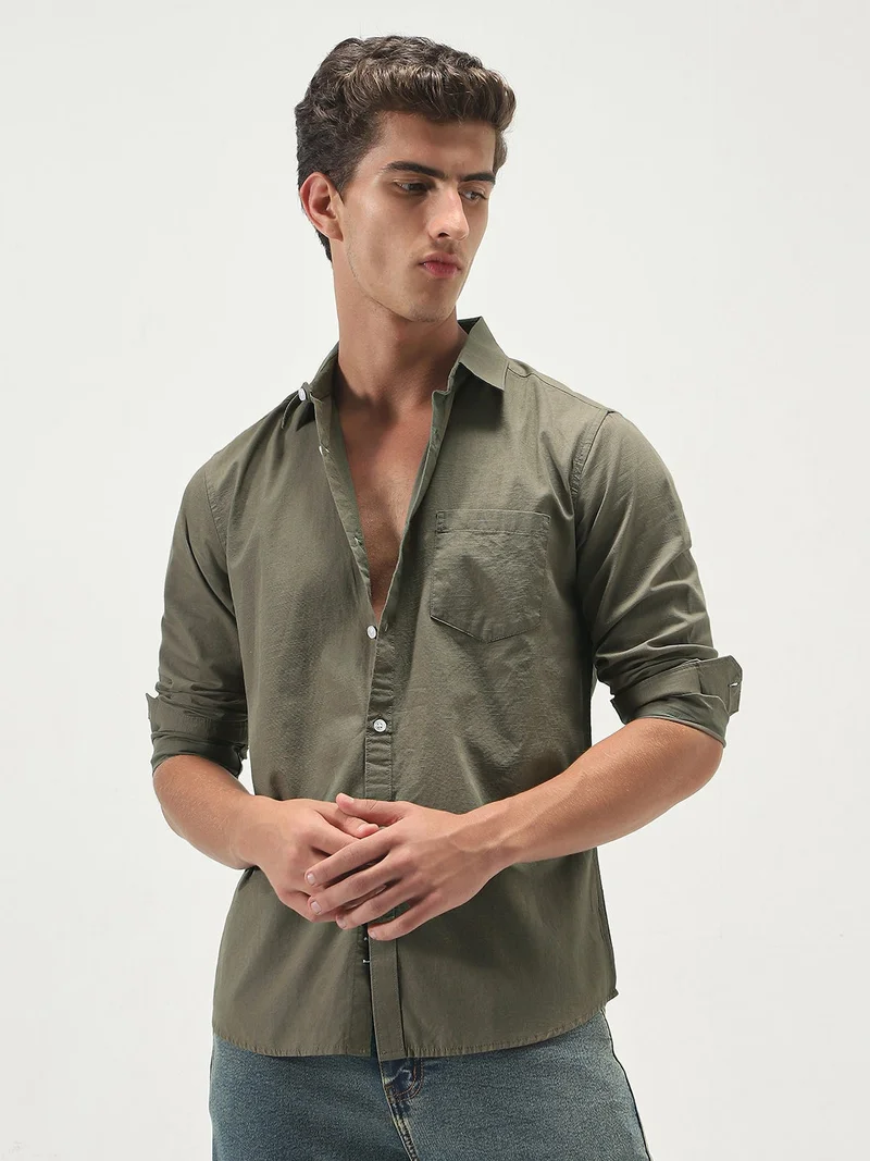 Urbano Fashion  Urbano Fashion Men's Olive Cotton Full Sleeve Regular Fit Casual Solid Slub Shirt with Spread Collar  | Best Price UAE