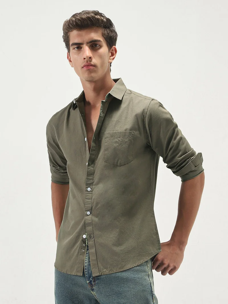 Urbano Fashion Men's Olive Cotton Full Sleeve Regular Fit Casual Solid Slub Shirt with Spread Collar