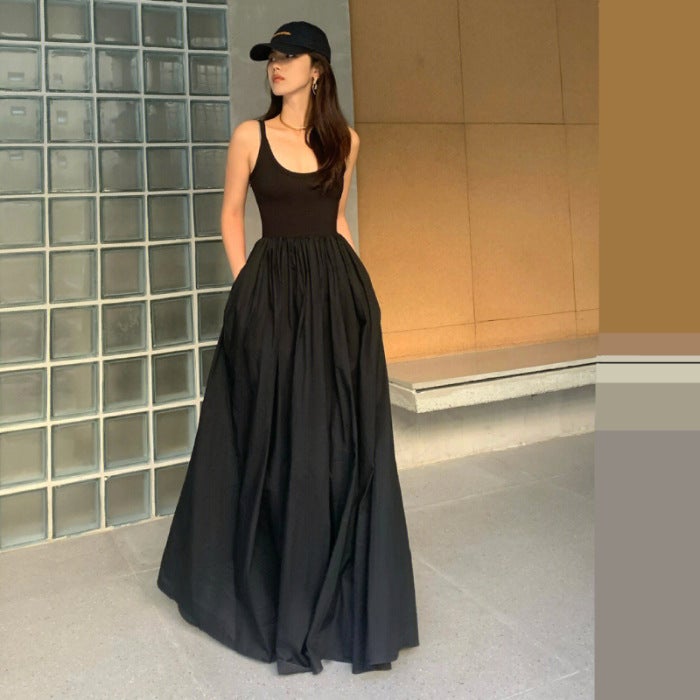 Hepburn Style Black Sling dress Childrens Summer 2025 New Waist Slimming High-end Long Dress Niche Black