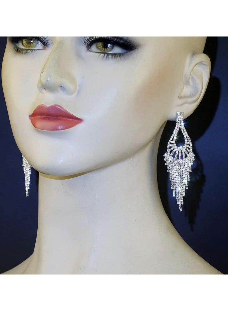 Silver Teardrop Crystal Long Tassel Drop Earrings Sparkling Rhinestone Women Gift - Image 3