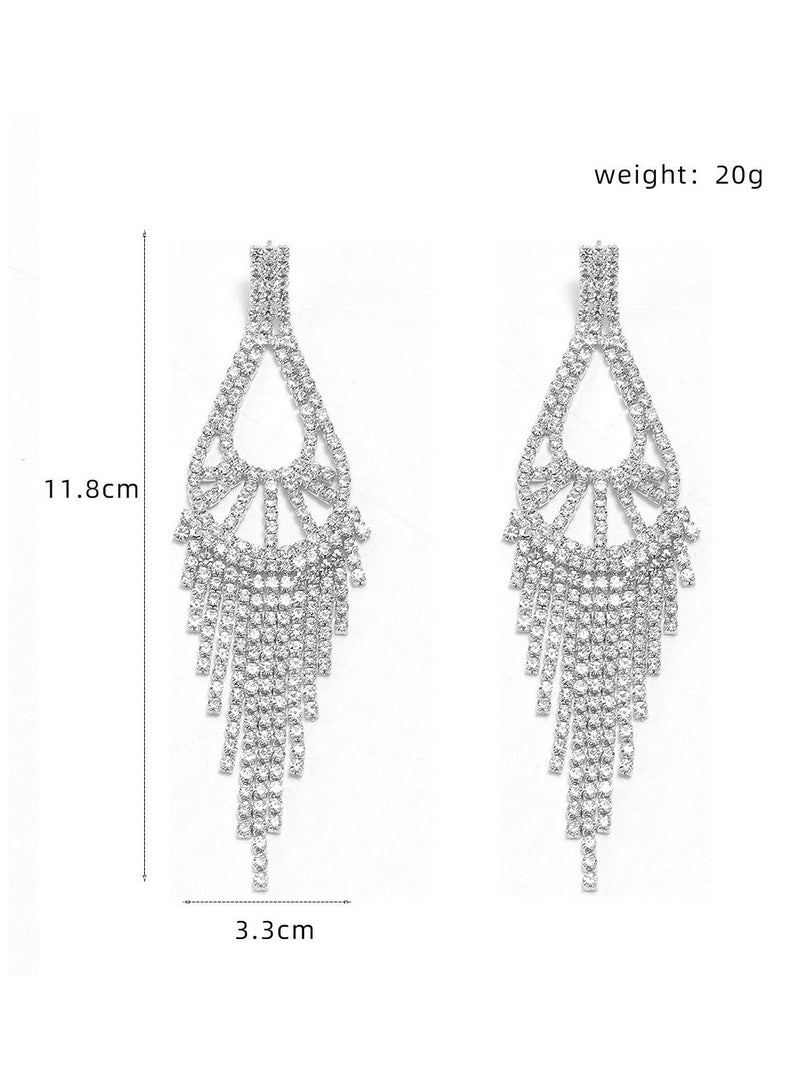 Silver Teardrop Crystal Long Tassel Drop Earrings Sparkling Rhinestone Women Gift - Image 2