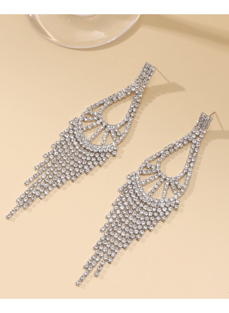 Silver Teardrop Crystal Long Tassel Drop Earrings Sparkling Rhinestone Women Gift  - Image 4