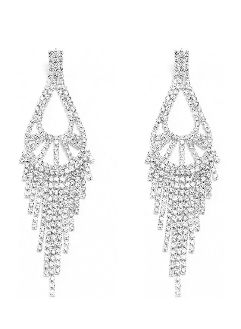 Silver Teardrop Crystal Long Tassel Drop Earrings Sparkling Rhinestone Women Gift  - Image 1