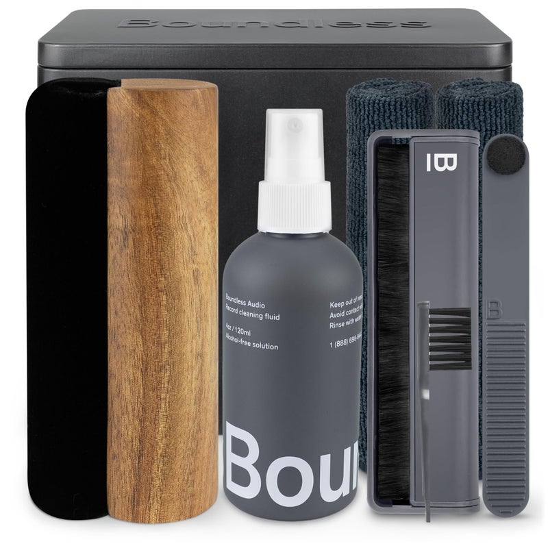 Boundless Audio Record Cleaning Kit - 8-in-1 Vinyl Record Cleaner Kit with Carbon Fiber Record Brush, Velvet Vinyl Brush, Stylus Brush, Record Cleaning Solution, Cloths, Cleaning Brush & Metal Case - Image 1